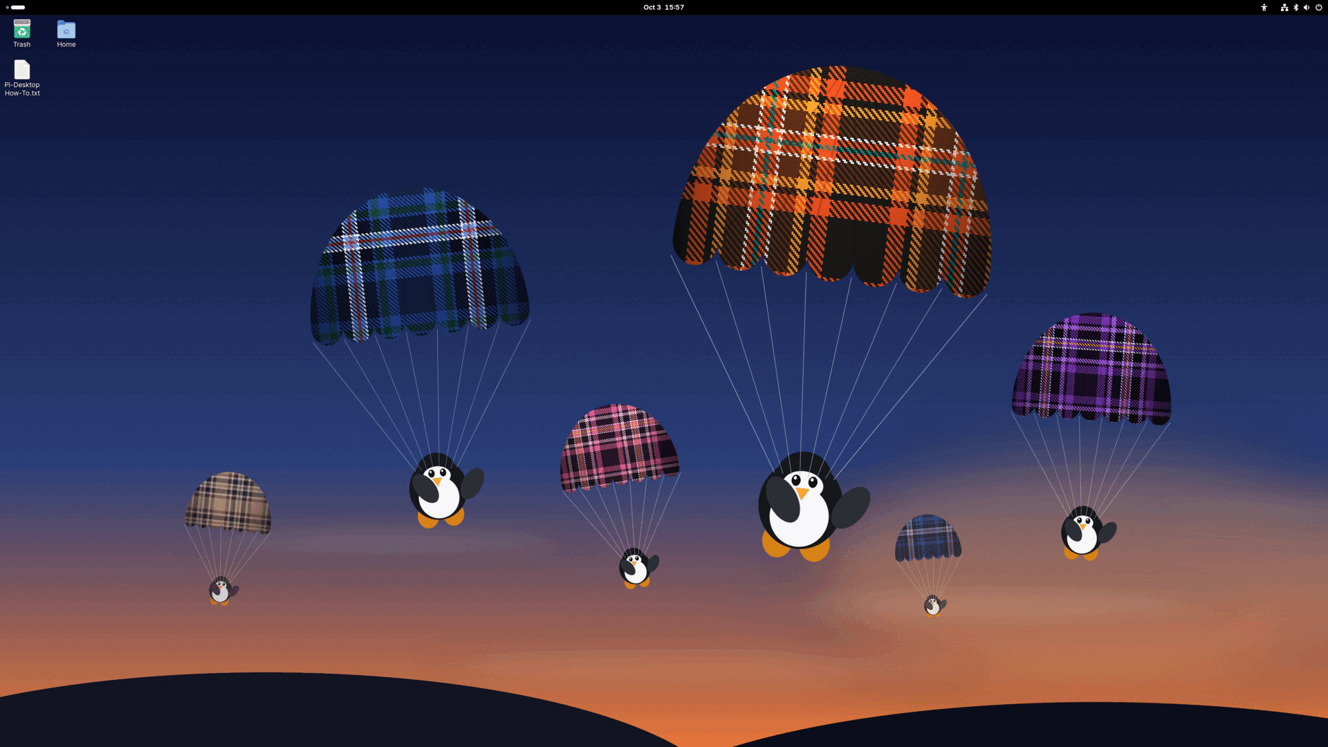 The Pi-Desktop 4.0 desktop: tartan-canopied penguins parachuting over a dusk horizon, with the How-To file on the desktop.